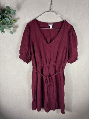 Ava & Viv > Burgundy Short Sleeve Tie-Waist Mini Dress 1X